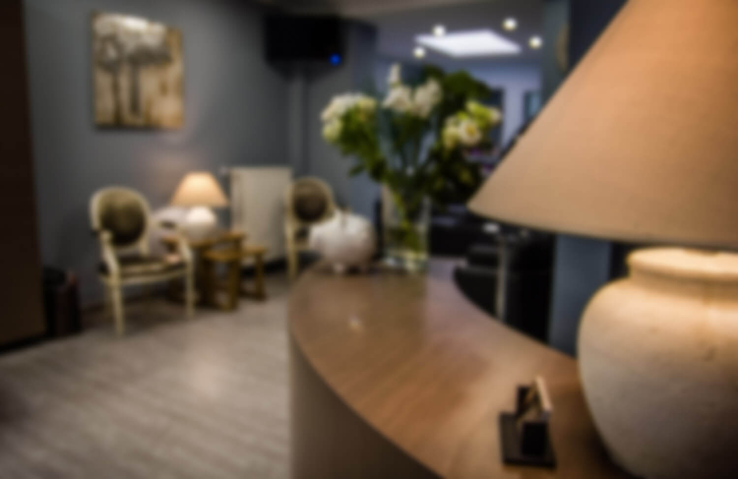 L'espace d'accueil du salon, fleurs et lampe